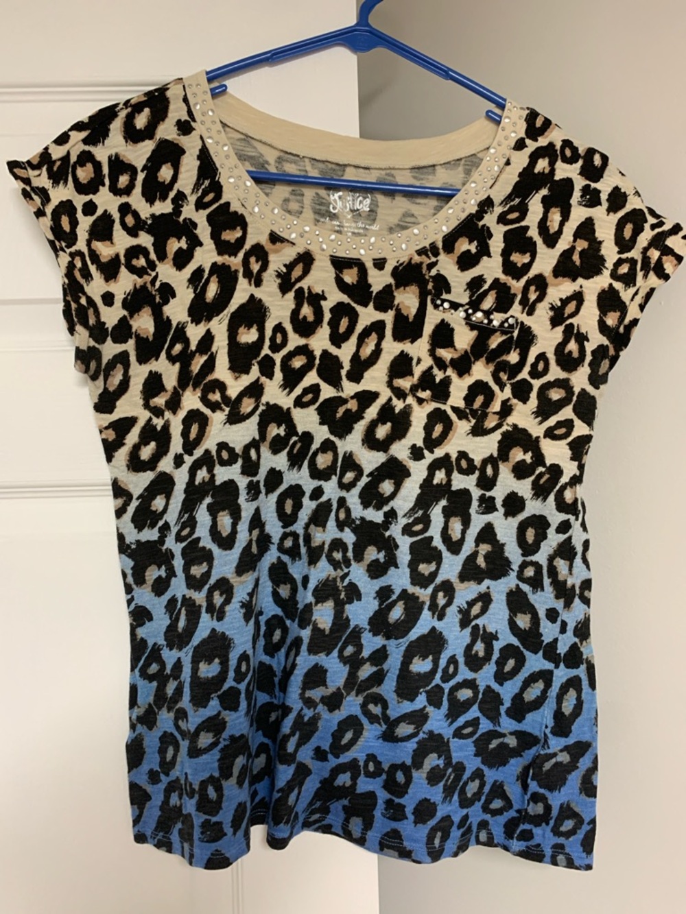 Justice Blue Ombre Leopard Print Rhinestone Trim Top